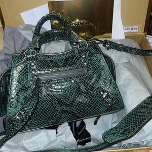 Balenciaga Neo Classic Mini Top Handle Bag Black Green Croc
